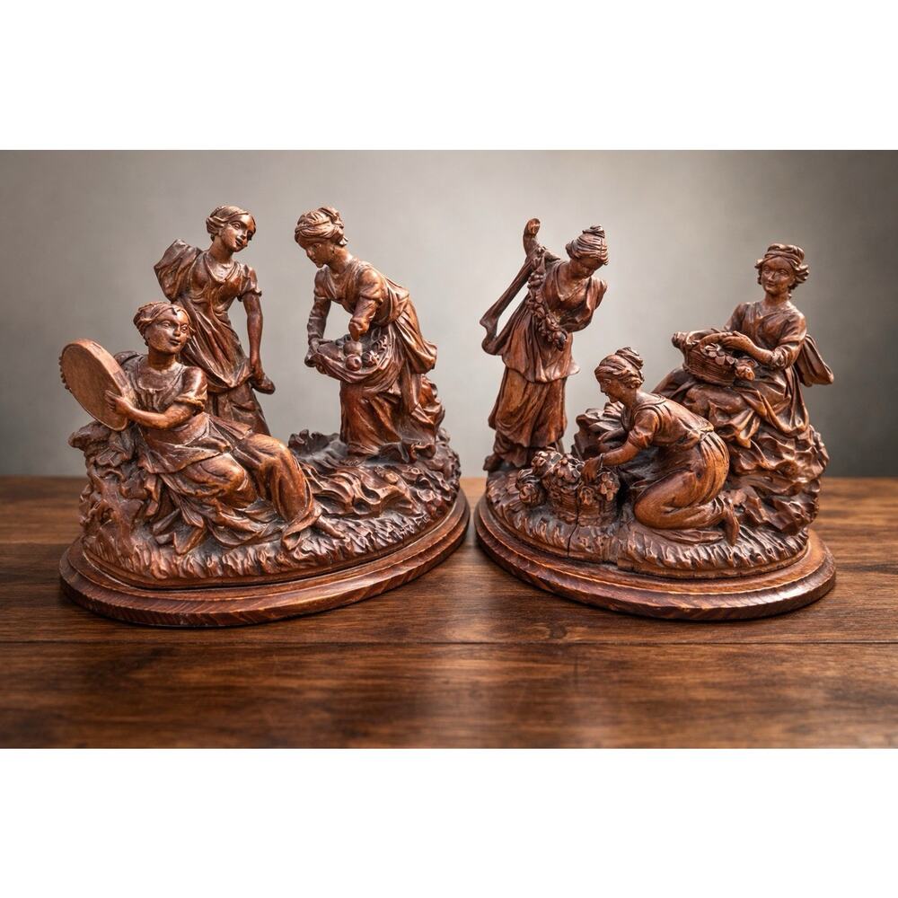 Antique European Hand-Carved Wood Pastoral Companion Figures c.1890–1910 France
